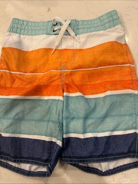 Old Navy Boys Orange, Light Blue, Navy Striped Swim Trunks